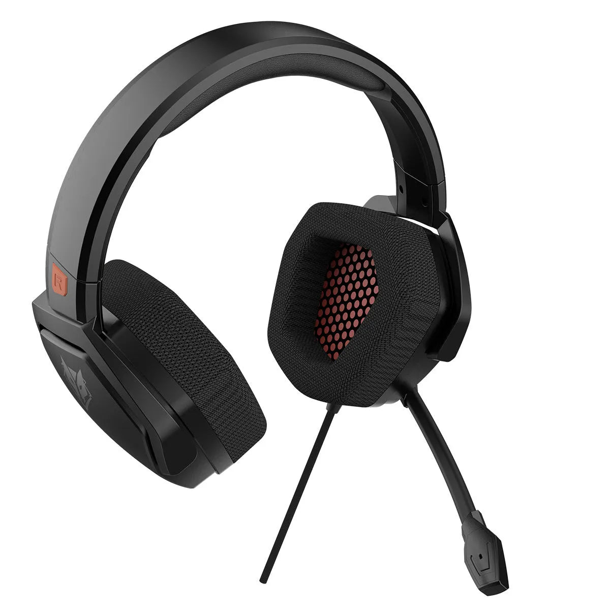 Wired esports game headset with chicken head design, 3.5mm plug, 50mm drivers, built-in mic, black orange colour