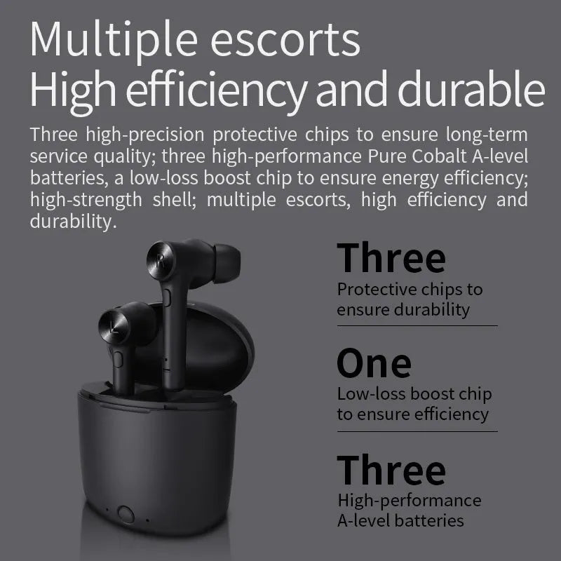 Black TWS Bluetooth wireless in-ear headphones on a white background.