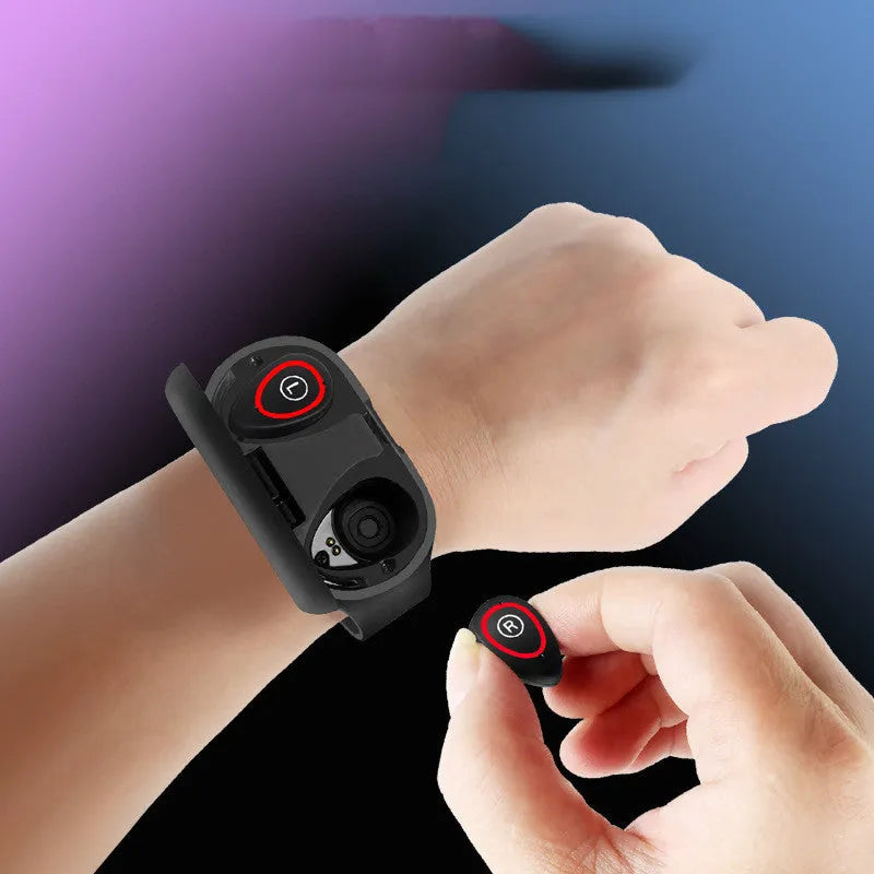 Black silicone smart wristband with 1-inch touchscreen and wireless earphone combination for Android devices