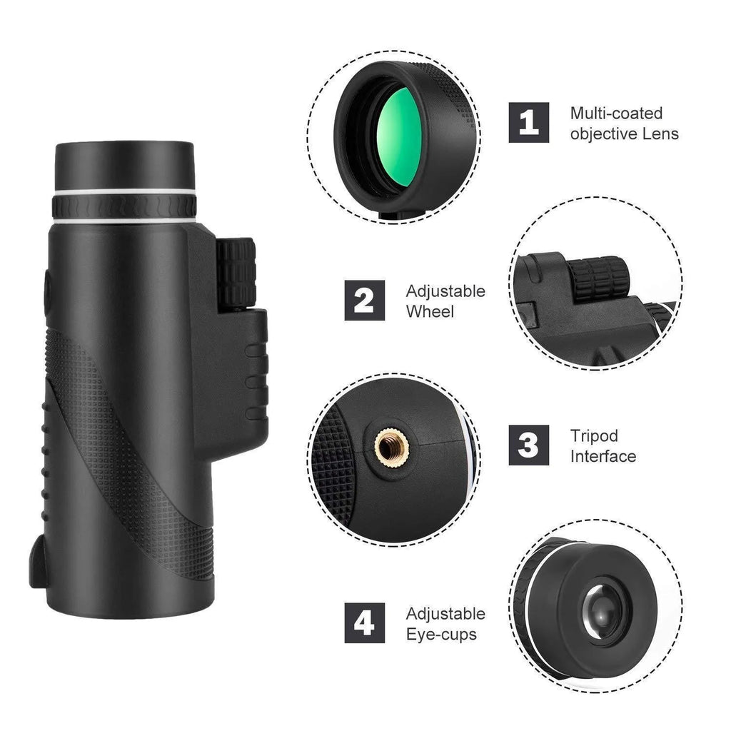Black HD 40x60 smartphone telescope monocular with tripod adapter for outdoor observation