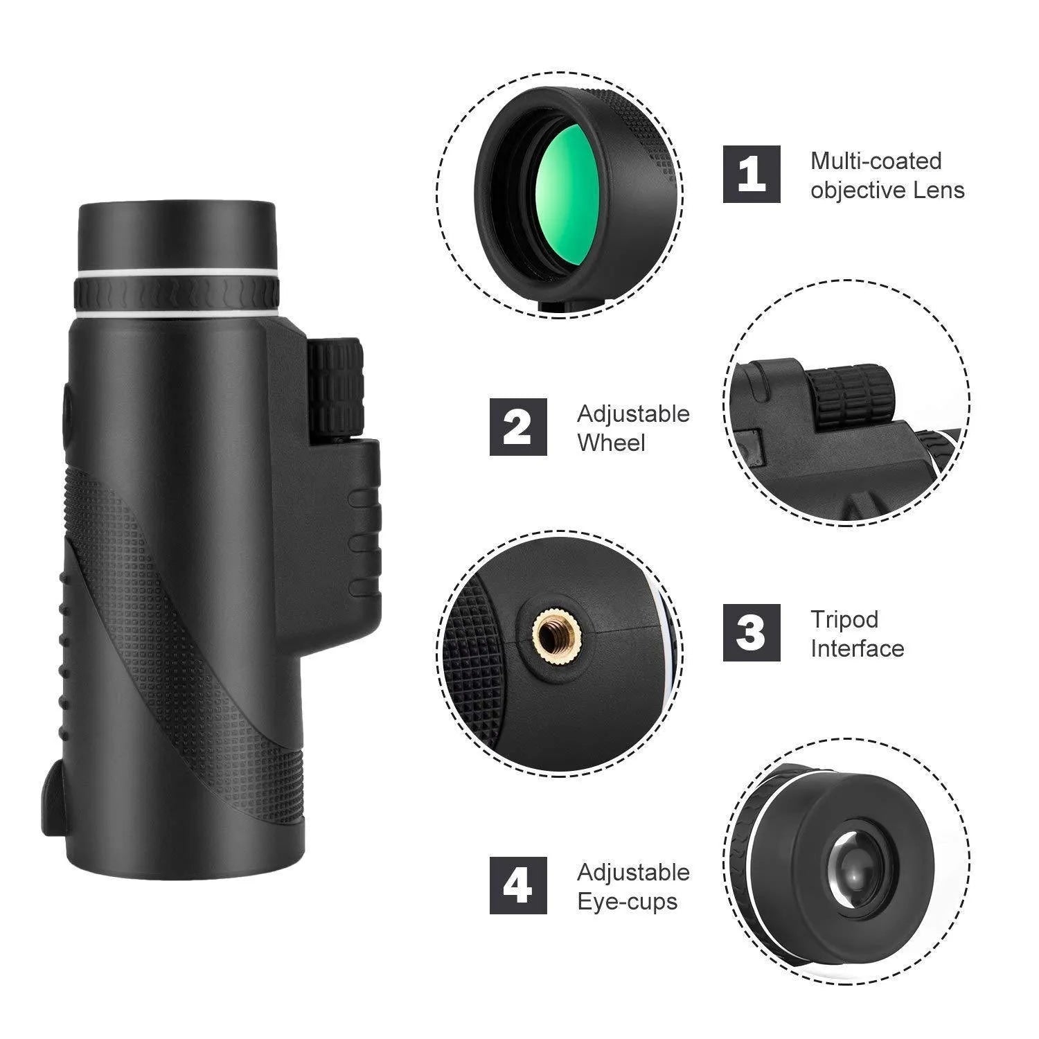 Black HD 40x60 smartphone telescope monocular with tripod adapter for outdoor observation