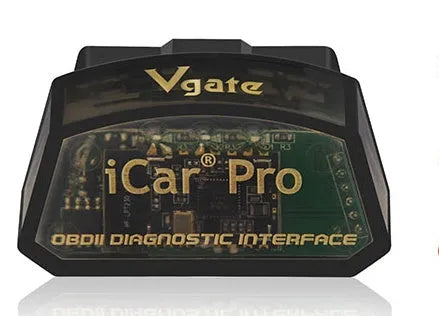 Vgate iCar Pro WiFi OBD2 adapter in black, plugged into car OBD2 port for diagnostics
