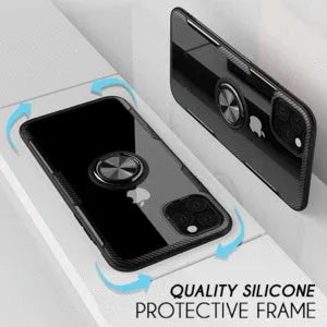 Armoured iPhone case with PU back cover showing demolition design for photography and button access