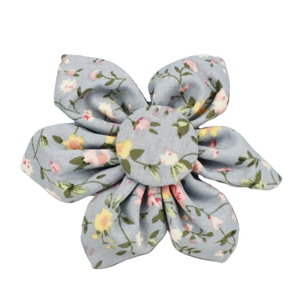 Blue floral polyester cotton dog collar with matching leash, vest, and bow tie accessories