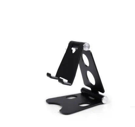 Folding mini mobile phone bracket in black, silver, rose, rose gold or champagne gold, for bed and desktop use.