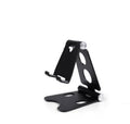 Folding mini mobile phone bracket in black, silver, rose, rose gold or champagne gold, for bed and desktop use.