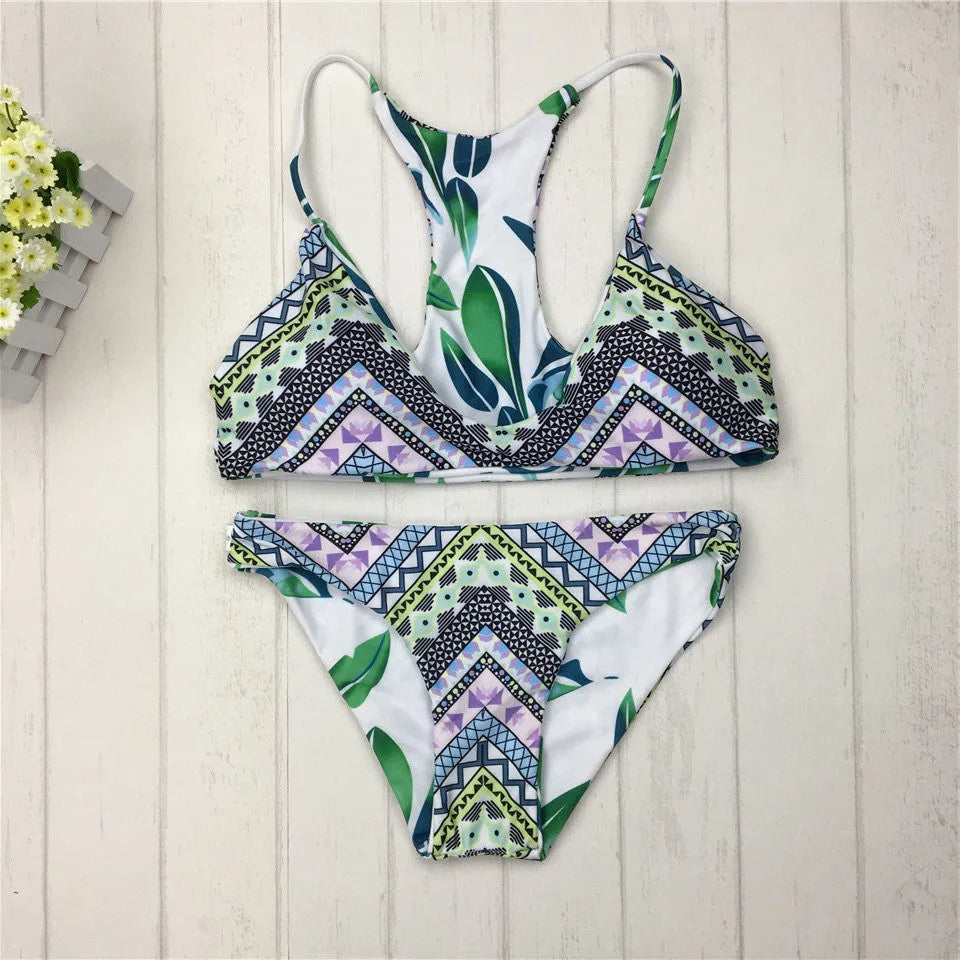 Green reversible Brazilian bikini set with halter top for women sizes S M L double-sided print swimwear