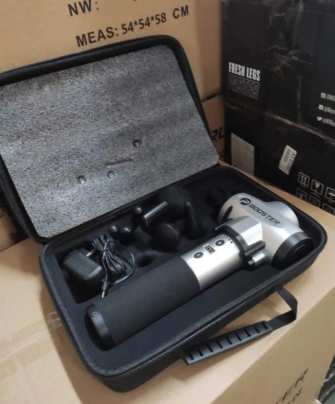 Black and white muscle relaxation massager with lithium battery showing 1800-3200r/min speed and 12mm stroke specifications