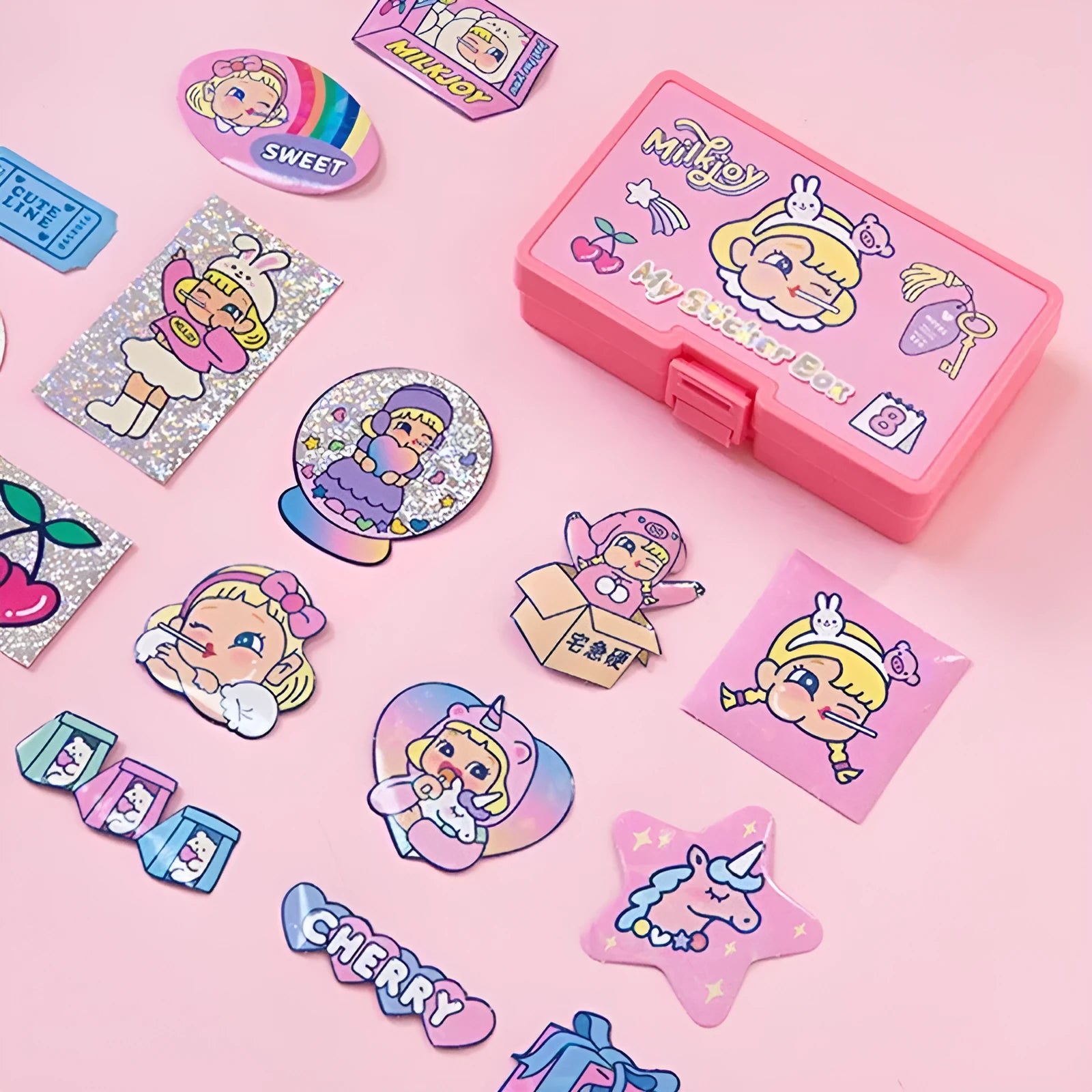 Korean cartoon sticker set with 16 square designs and storage box for suitcase and laptop decoration