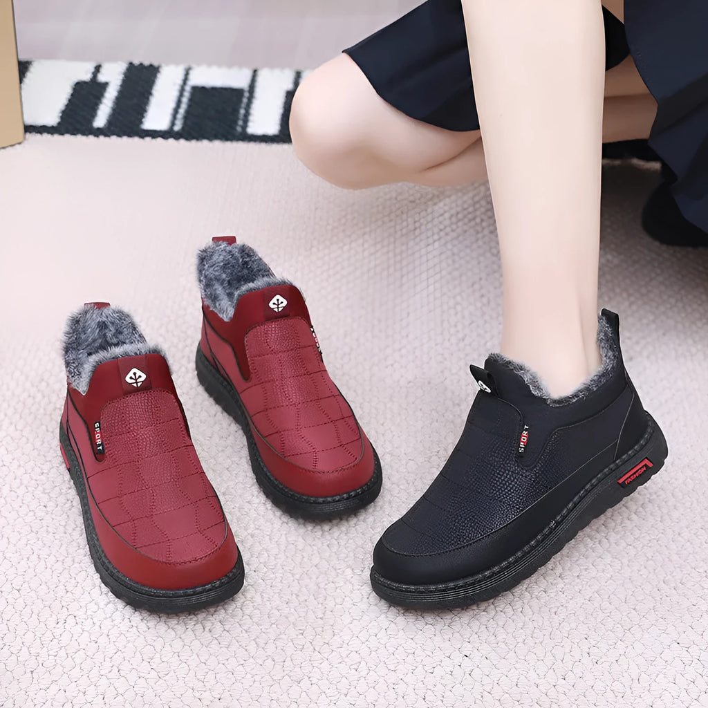 Women's black casual flat cotton boots with synthetic leather upper and rubber soles