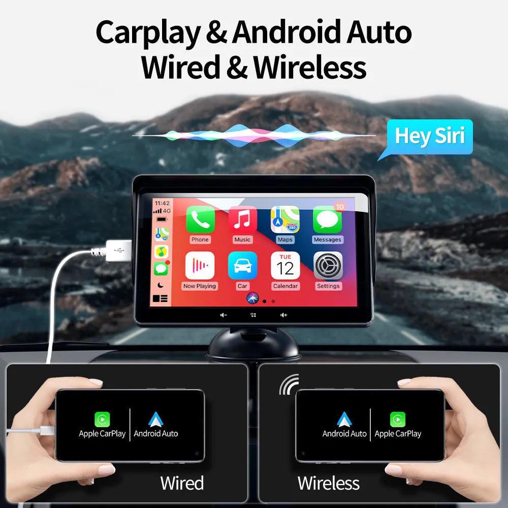 7-inch car wireless CarPlay display with suction cup mount and astern video cable on a dashboard