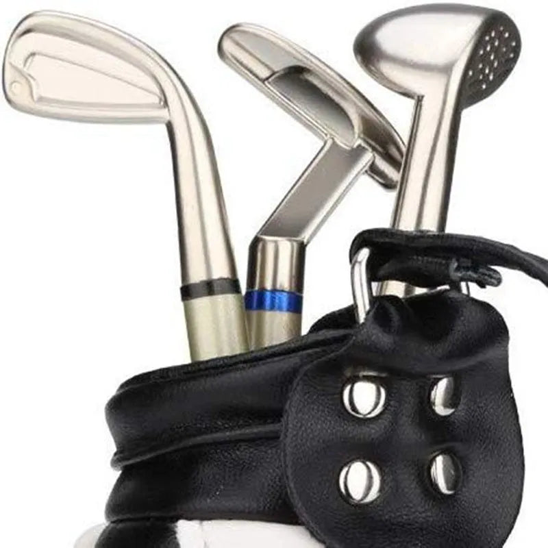 Golf bag pen holder decorations in carved PU leather and alloy, available in blue, green, red, and white