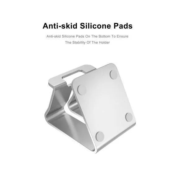 Aluminium alloy foldable tablet stand in gold holding a smartphone on a desk