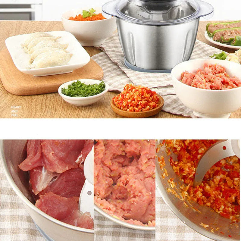 Silver and black electric meat grinder and garlic peeler appliance on a kitchen counter.