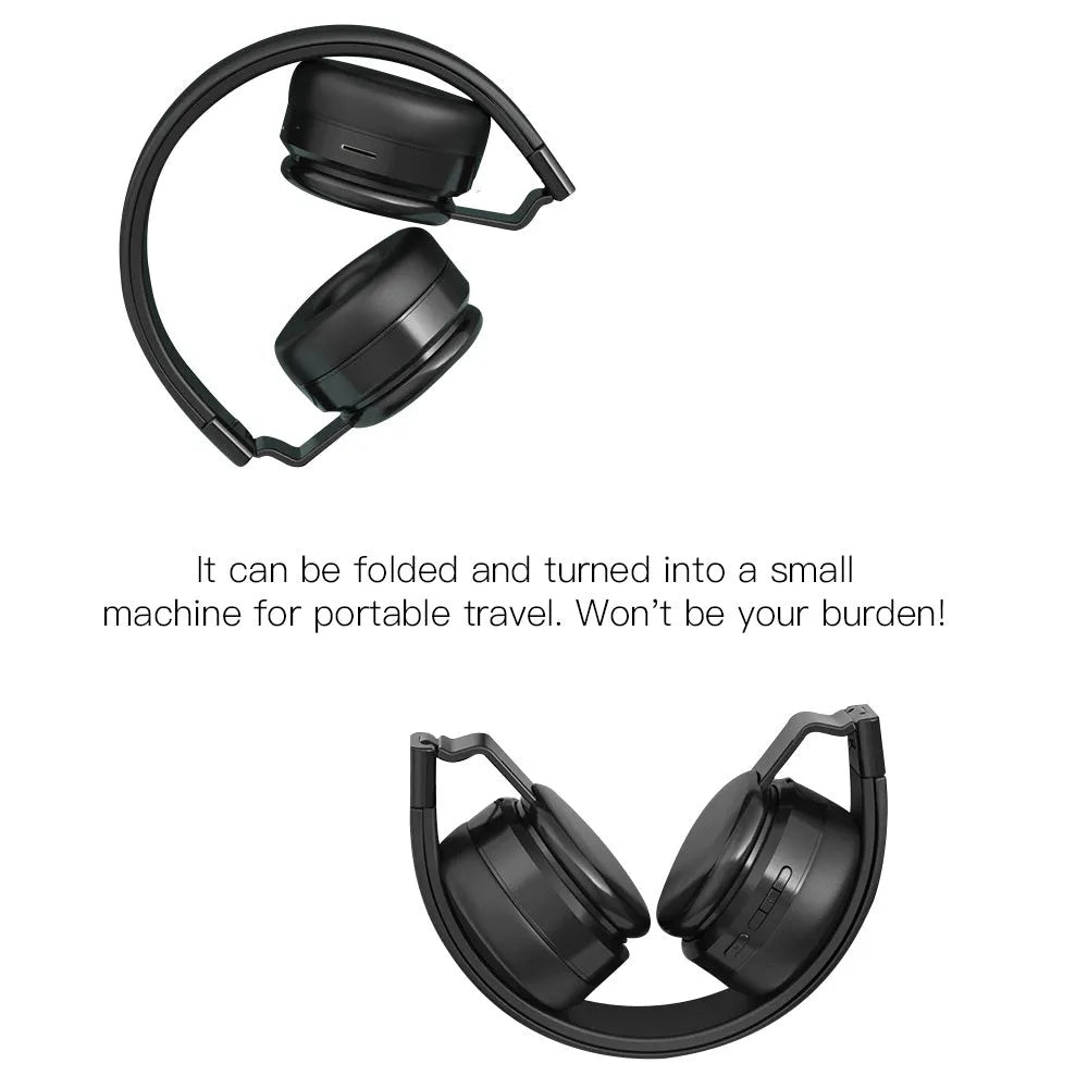 Black and silver folding over-ear headphones with a memory card slot, shown next to a USB charging cable.