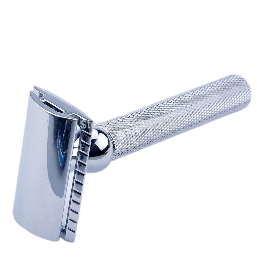 CSB men's shaving set with chrome stand holding a double-edge razor and badger hair brush, plus soap bowl and blades.