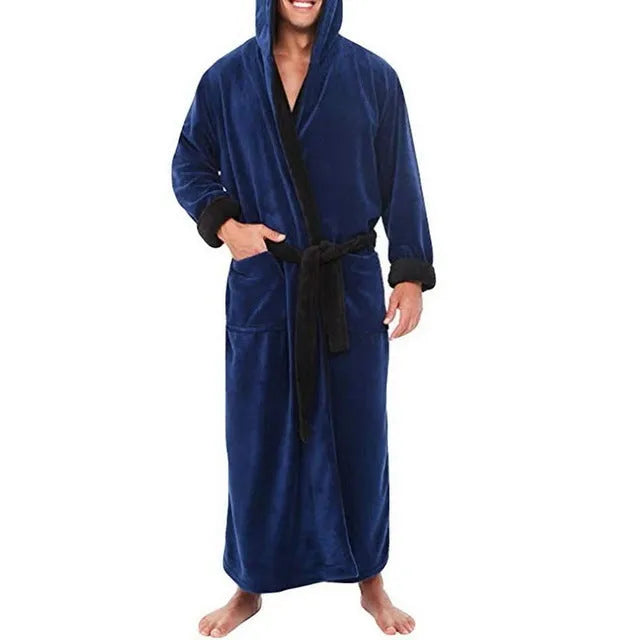 Men's hooded cotton flannel bathrobe in black, blue, grey, or red, sizes S to 5XL, thick winter casual robe