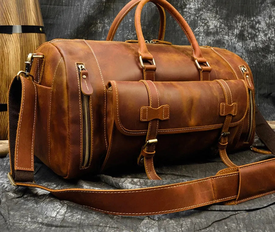 Retro crazy horse leather travel bag 22 inch 36-55L first layer cowhide in red brown or dark brown