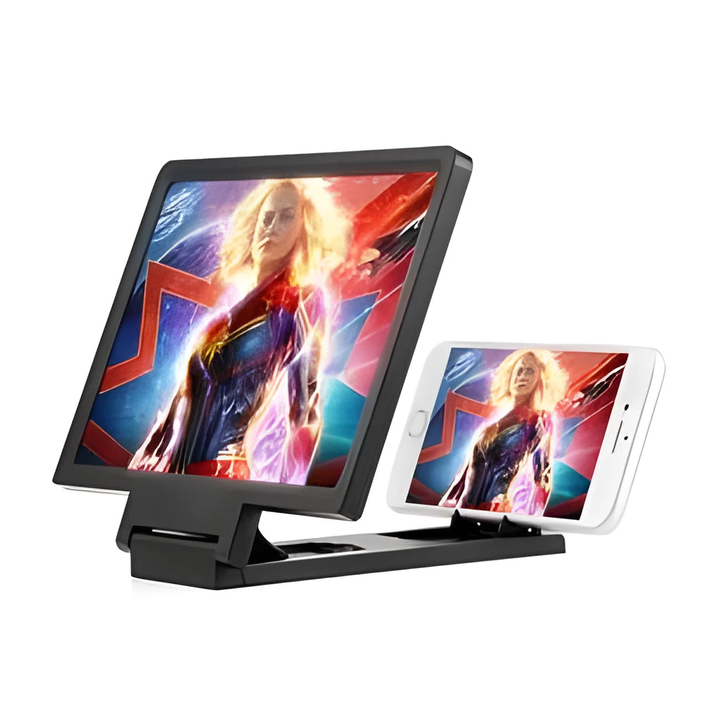 Black and white portable screen magnifier for tablets and smartphones, shown with protective film.