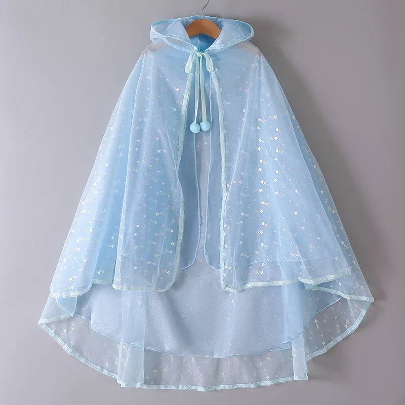 Girls Princess Elsa dress in cotton with short sleeves and A-line skirt, available in gradient blue and silver cloak colour options