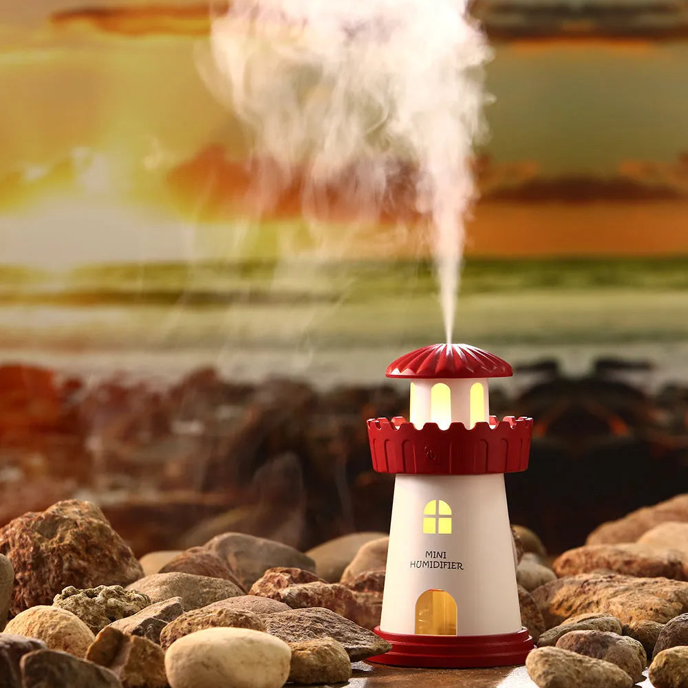 Mini lighthouse humidifier in green, USB ultrasonic design for desk use with night light
