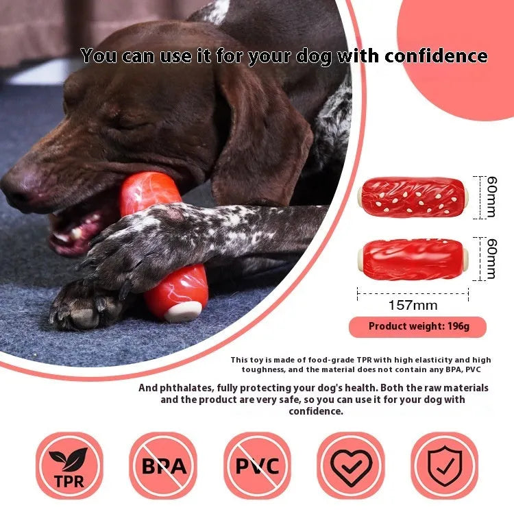 Primary colour plastic molar rod dog chew toy and treat dispenser.