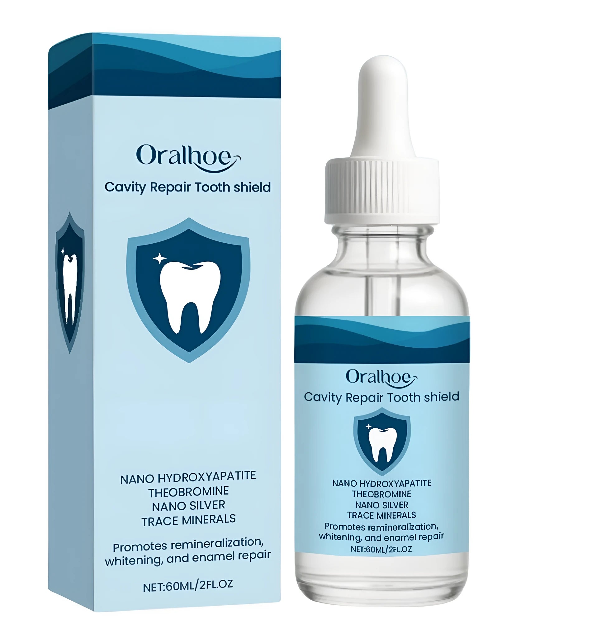 60ml bottle of dental restorative fluid with hydroxyapatite, colloidal silver and theobromine ingredients