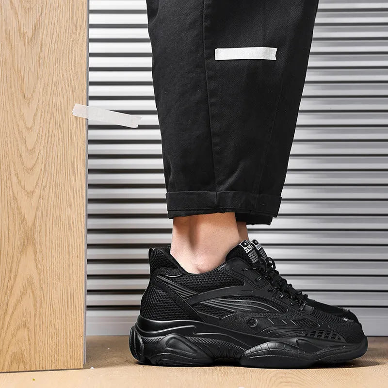 Breathable mesh casual tennis shoes with hidden elevator height increase in black with white stripes