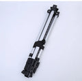 Silver aluminium alloy adjustable easel with metal tray in collapsed position on a tabletop