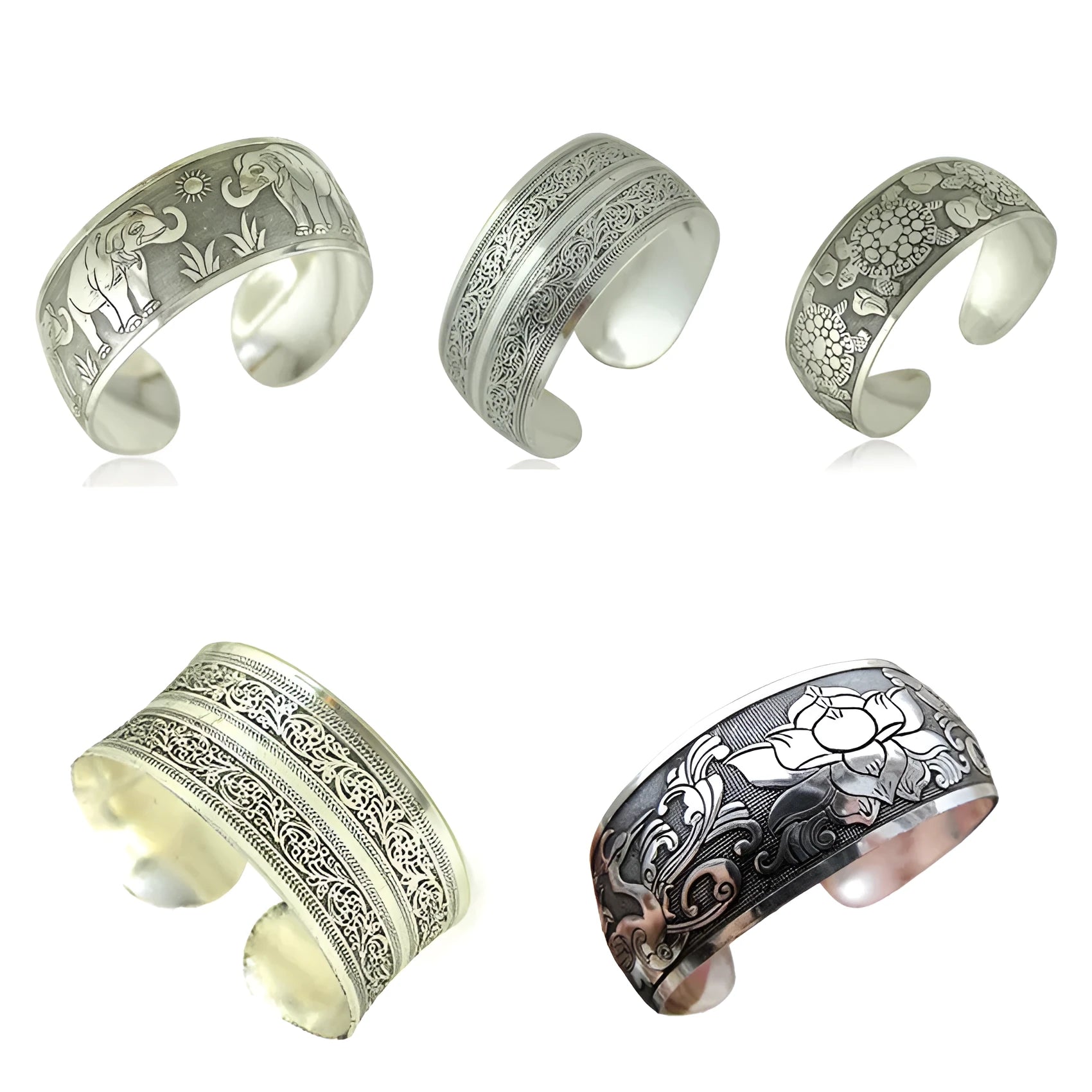 Open cuff bracelet with carved ethnic Miao silver design in alloy material