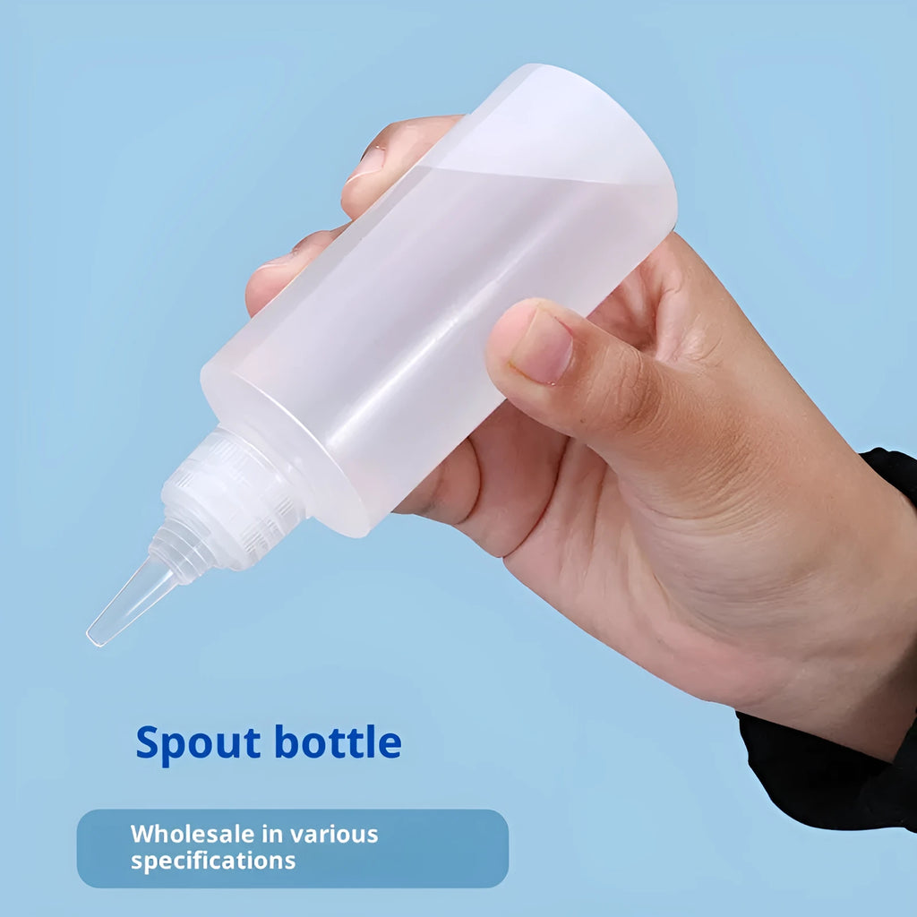 Transparent plastic dispensing bottle with narrow pourer, available in 30ml, 60ml, 100ml, and 120ml sizes.