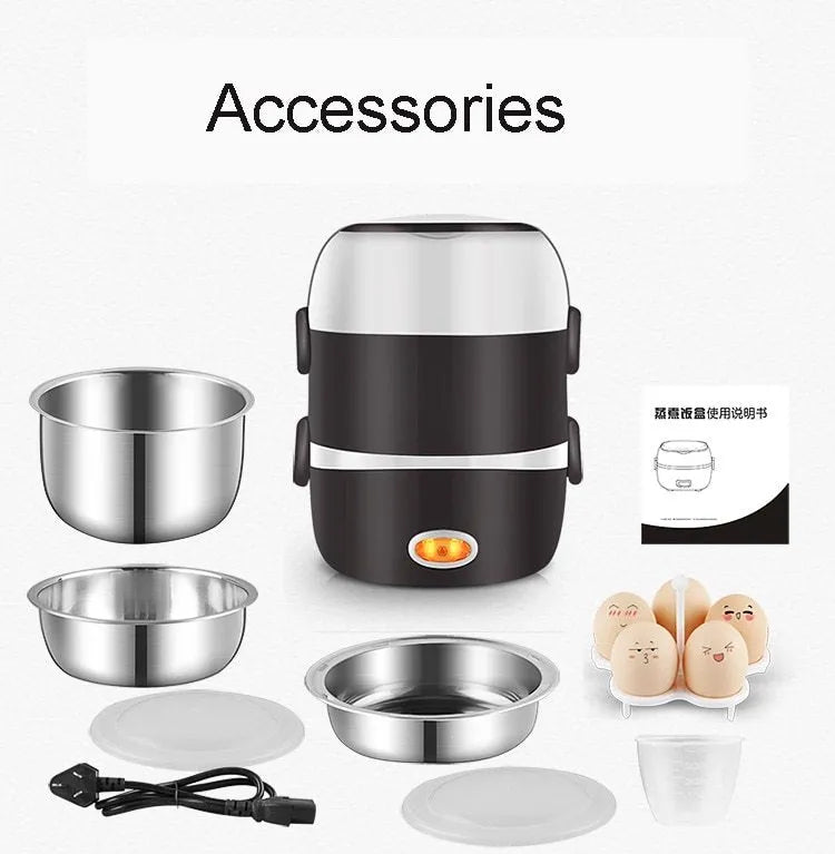 USB-powered lunch box with 200W heating capacity showing two-layer and three-layer configuration options