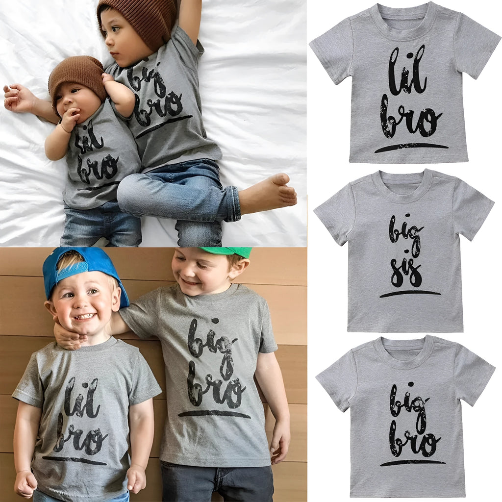 Grey printed cotton t-shirt showing sibling designs available in nine sizes from 60cm to 140cm