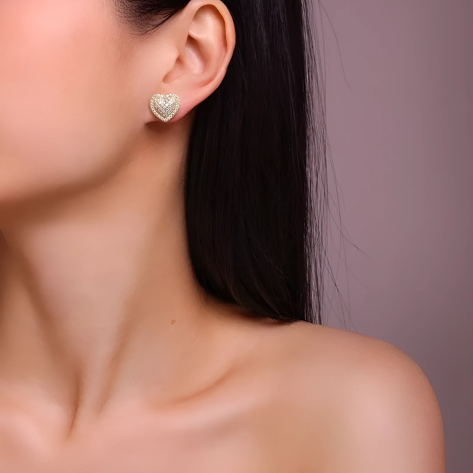 Golden heart-shaped stud earrings made from S925 silver with moissanite stones