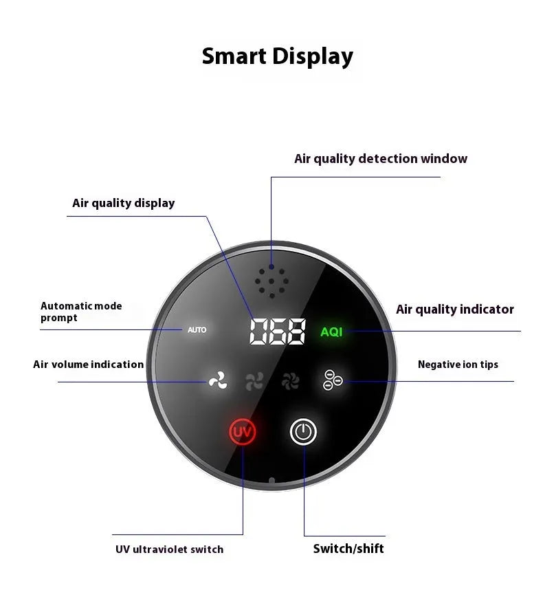 Black car air purifier measuring 68 by 187mm with USB power connection