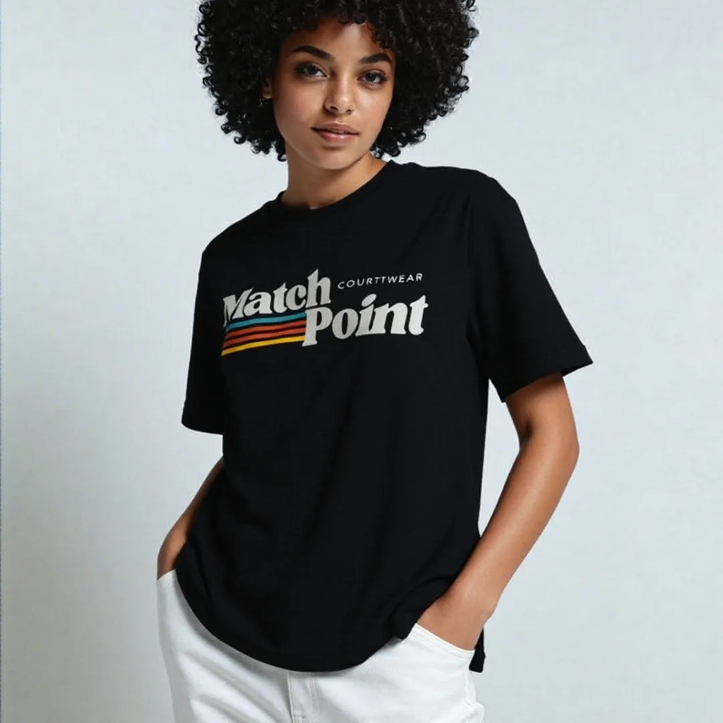 Black men's t-shirt with a digital printed text pattern, showing short sleeves and a round neck.
