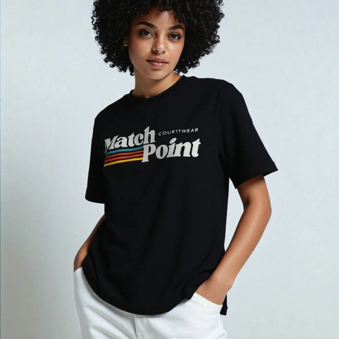 Black men's t-shirt with a digital printed text pattern, showing short sleeves and a round neck.