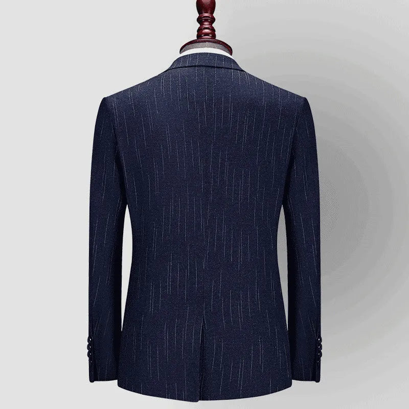 Men's casual striped two-piece business suit in grey, flat collar, back slit, button decoration, sizes S-4XL