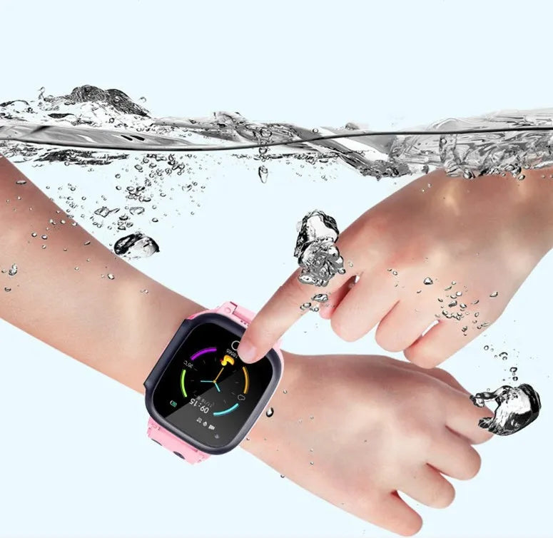 Kids smart watch phone with 1.3 inch touchscreen, silicone strap, 720mAh battery, available in black blue pink