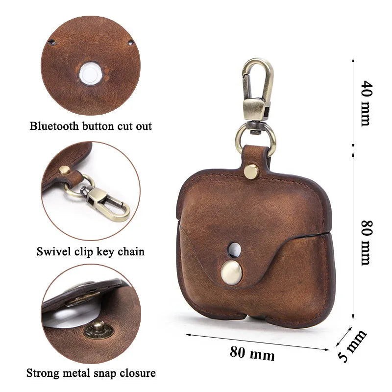 Brown leather clamshell case for AirPods Pro with crazy horse pattern texture and vintage styling