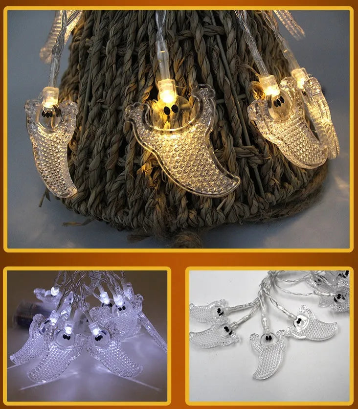 Halloween LED string lights with pumpkin, bat, and ghost pendants on a white wire