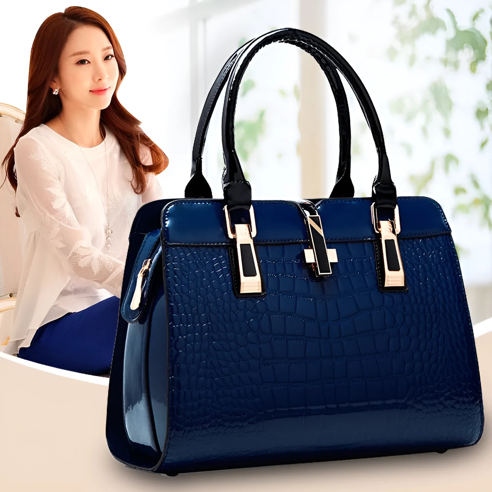 Large PU crocodile pattern ladies handbag in horizontal square shape with soft handle and zipper closure