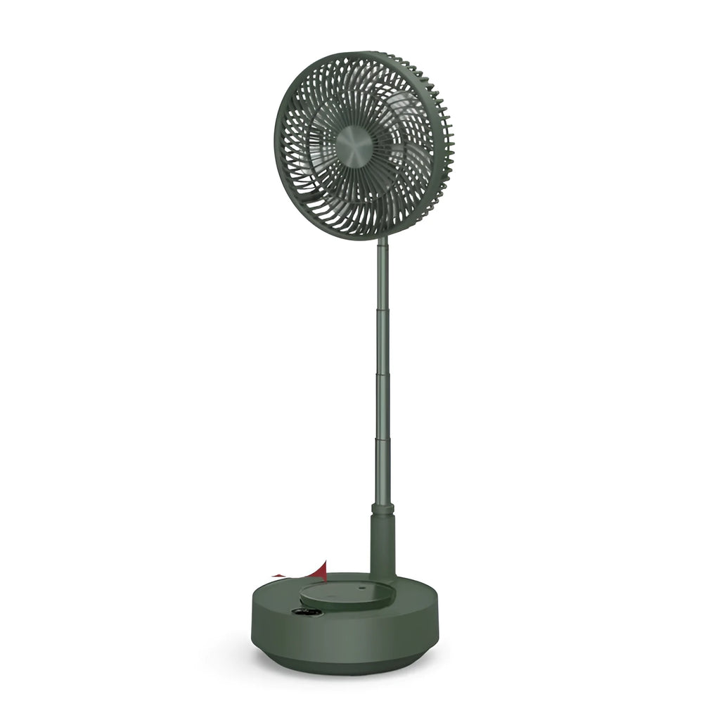 Green telescopic floor fan shown in both desktop and extended vertical positions with remote control