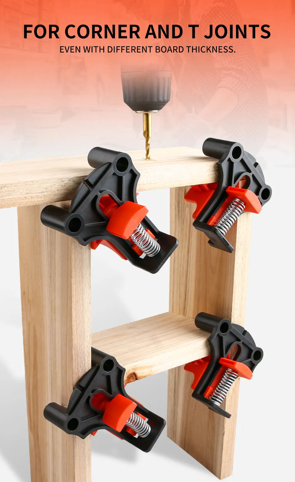 Set of four white plastic 90-degree right-angle clamps for picture frames on a workbench.