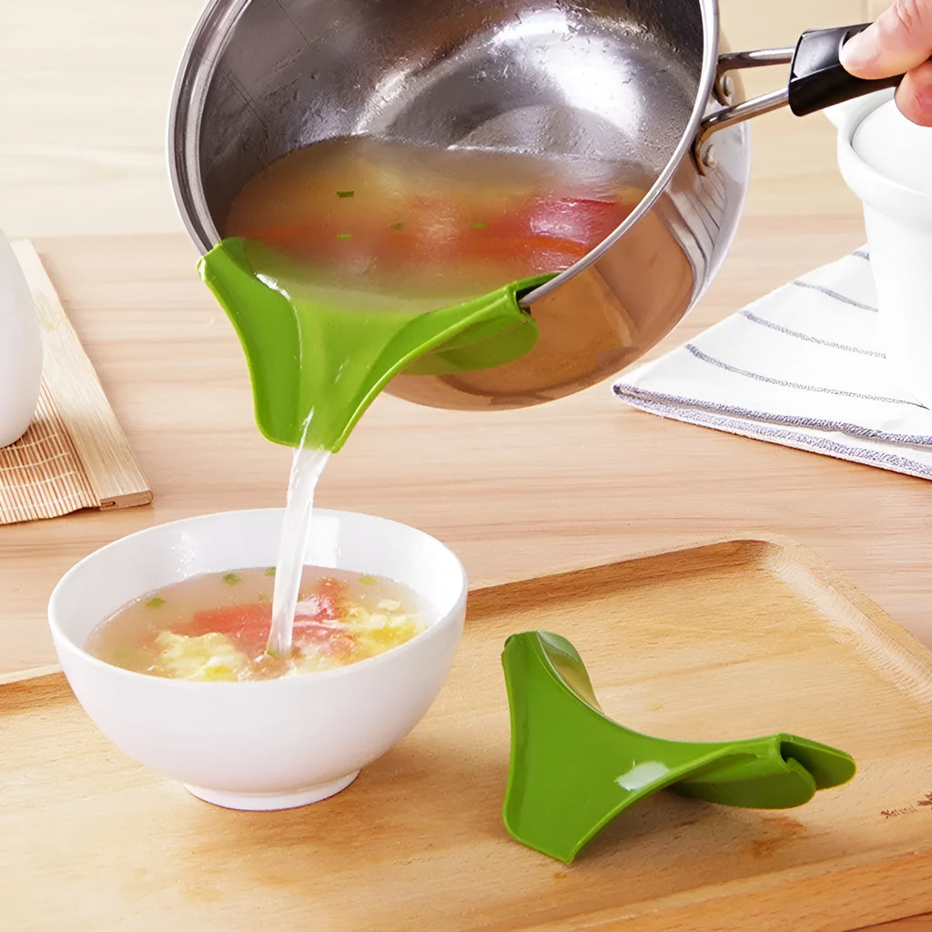 Green silicone kitchen funnel with 12cm diameter curved design for round pots