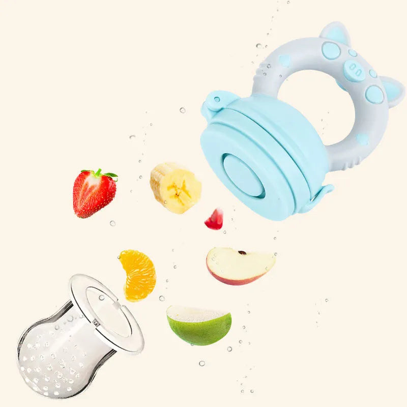 Silicone baby teether shown in blue, green, and pink colours with single and triple mouthpiece options