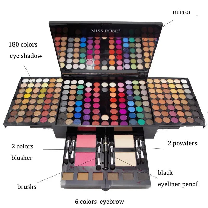 Piano-shaped makeup palette box containing 180 eyeshadow colours with powder, blush and contour cosmetics