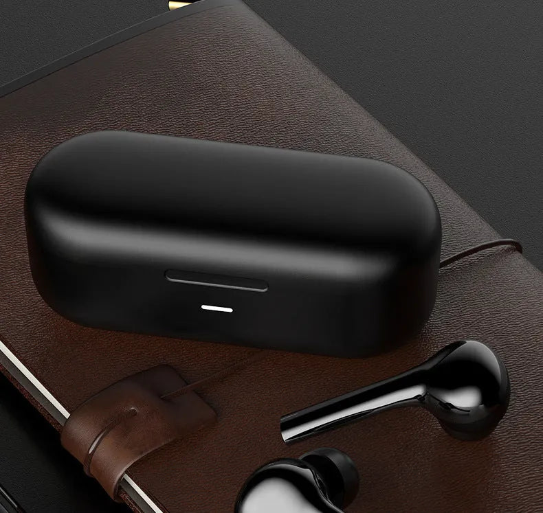 Black and white wireless Bluetooth earbuds with touch controls and charging case