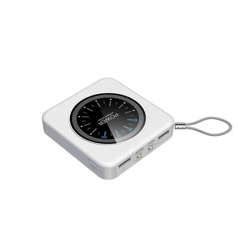 Alloy-case portable power bank with digital clock display in mint green, showing its multi-U port and compact size.