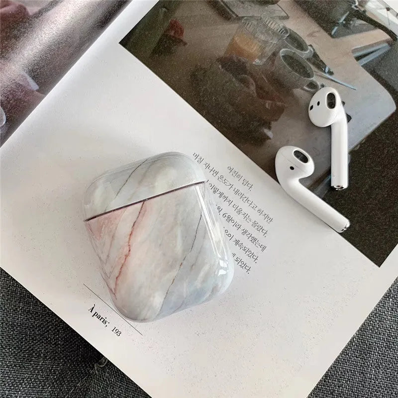 White marble hard PC protective case for Apple AirPods 1 and 2 wireless earphone charging box.